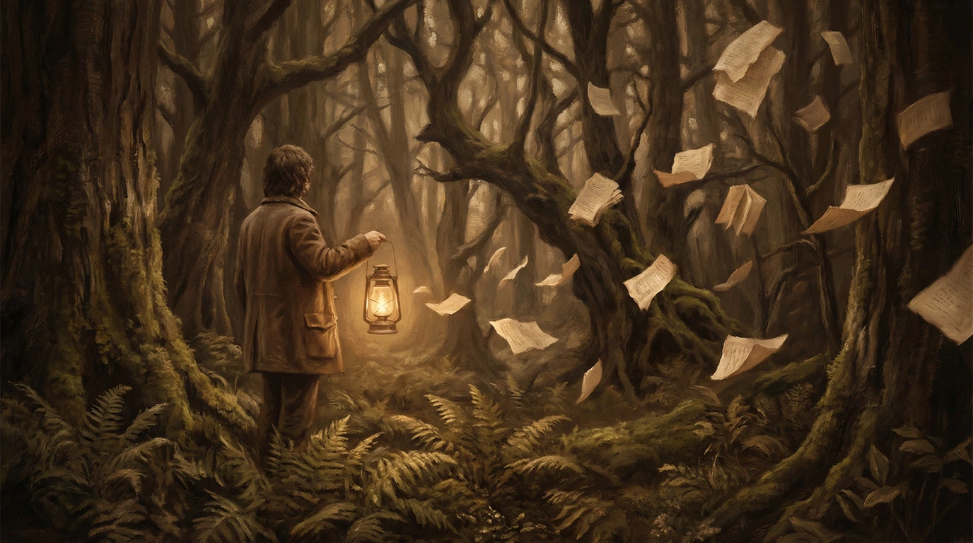 A person holds a lantern in a dark forest while loose pages float through the air among twisted trees, creating a mysterious atmosphere.