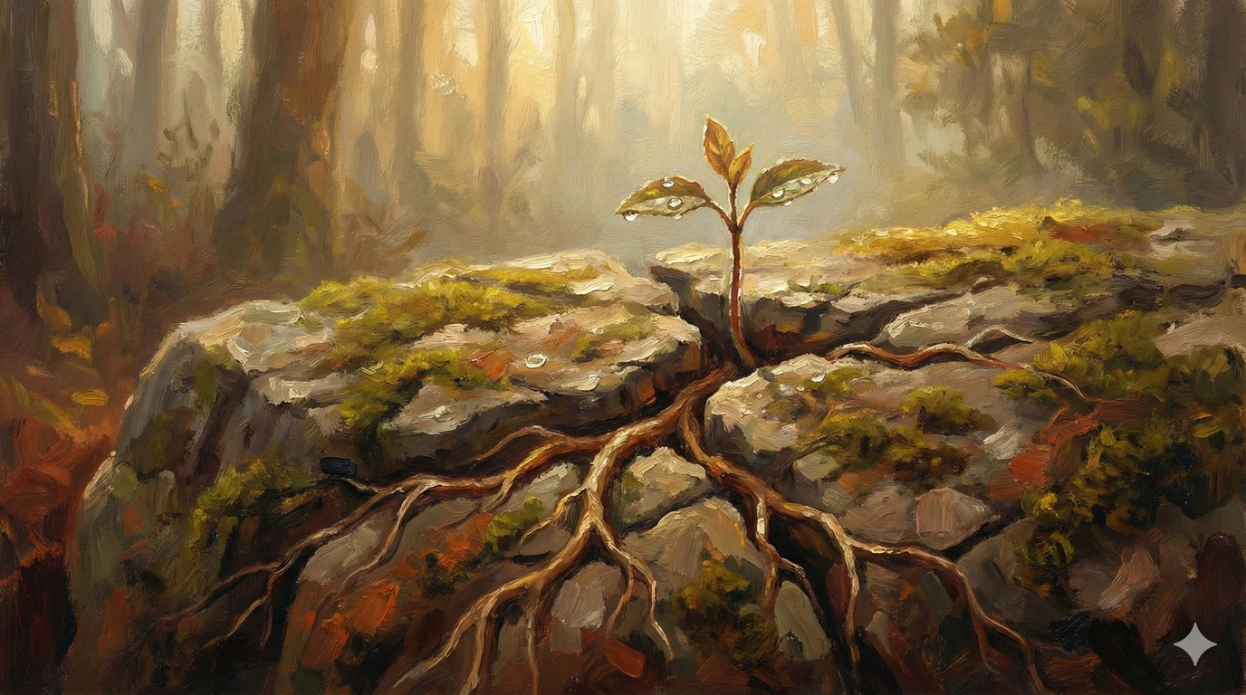 A small green plant grows from cracked rock in a forest, its roots spreading deep beneath the stone.