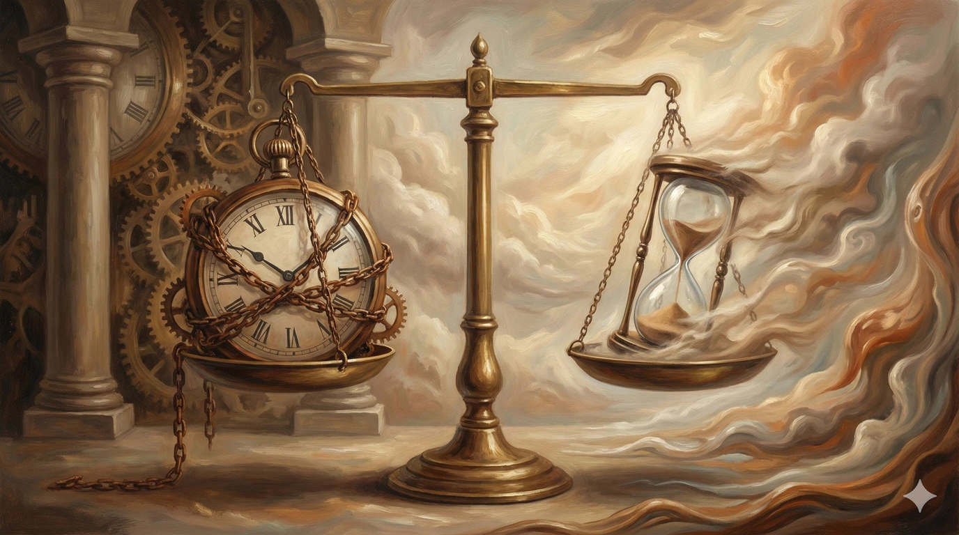 A balance scale holds a chained clock on one side and an hourglass on the other, surrounded by gears and swirling clouds.