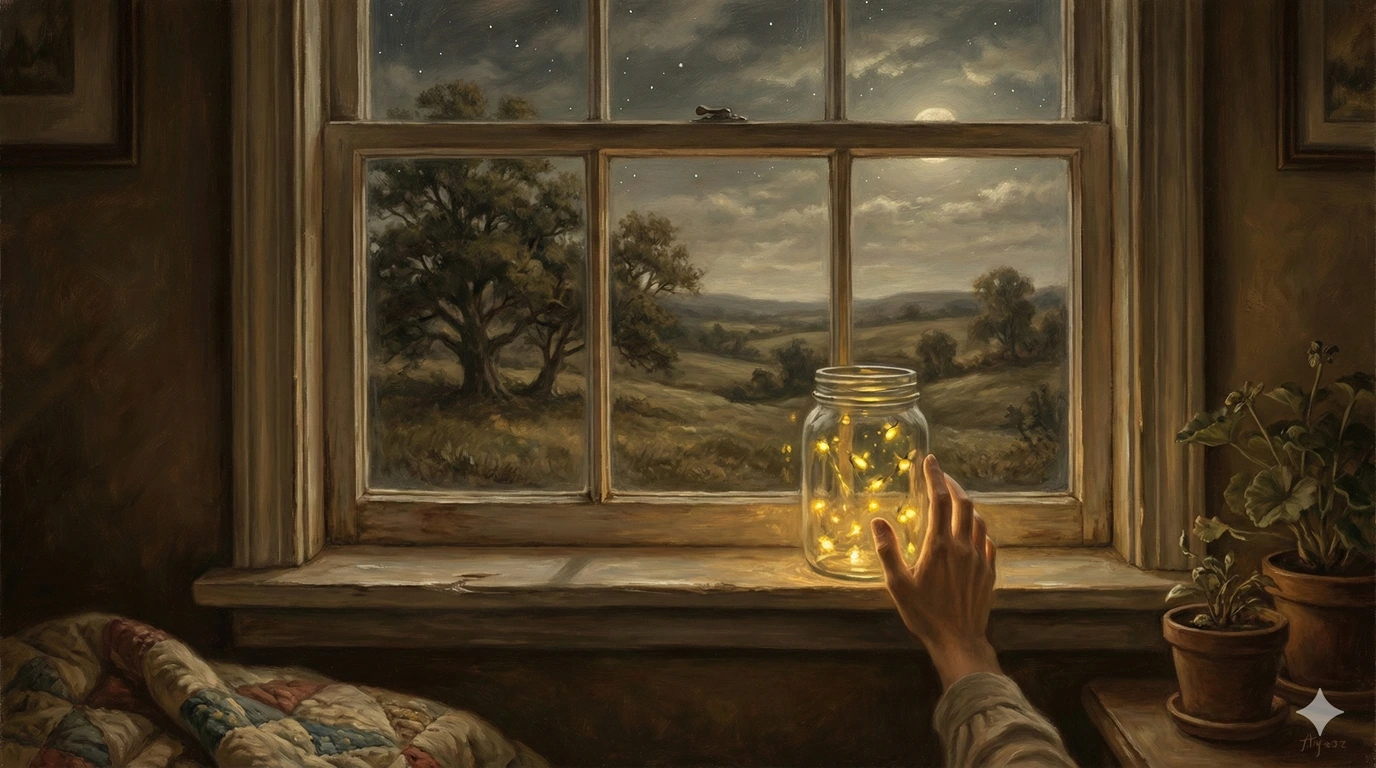 A hand reaches toward a glass jar filled with glowing lights on a windowsill, with a moonlit landscape visible outside.