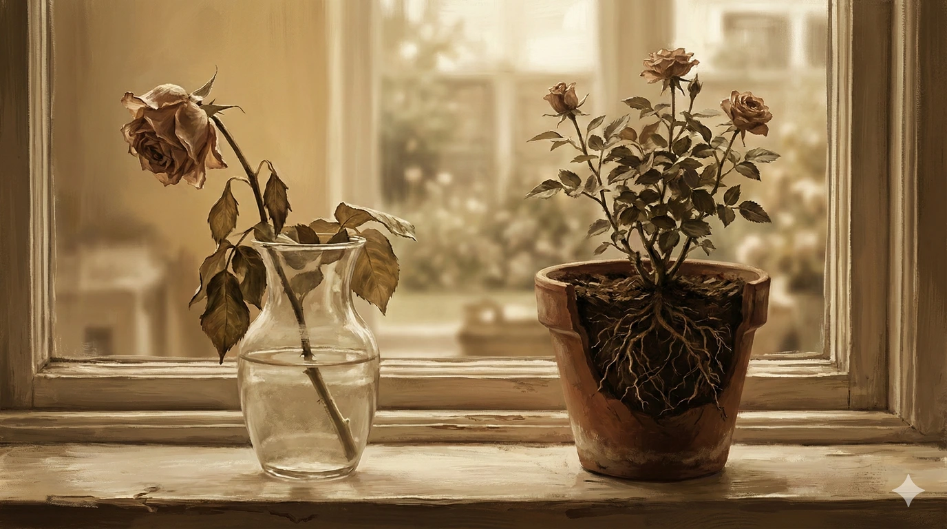 A wilted rose stands in a glass of water beside a healthy potted rose, showing contrast between decay and growth.