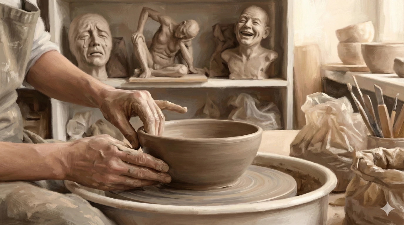 Hands shape a clay bowl on a spinning pottery wheel, with sculpted faces and figures on shelves in the background.