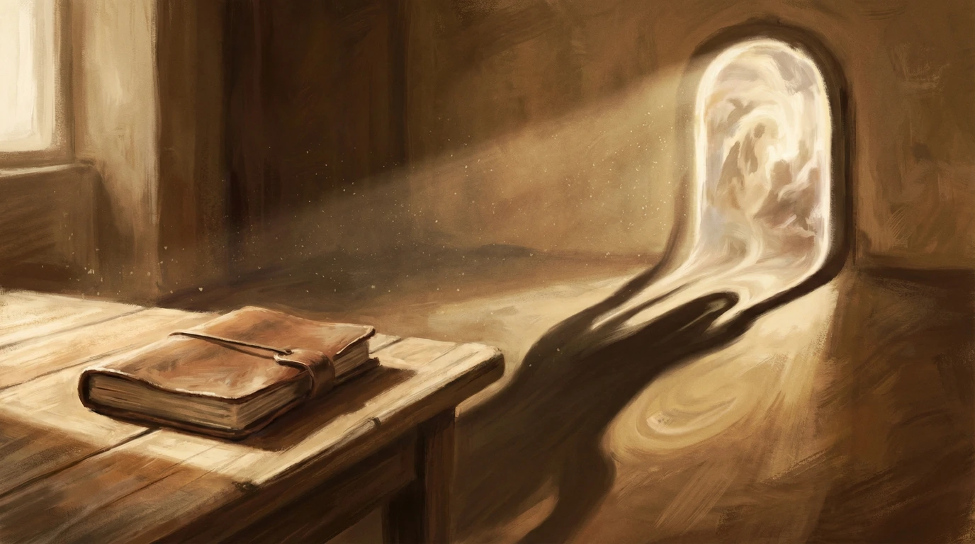 A closed book rests on a wooden table in a dim room, with a doorway glowing with soft white light that stretches across the floor like a path.