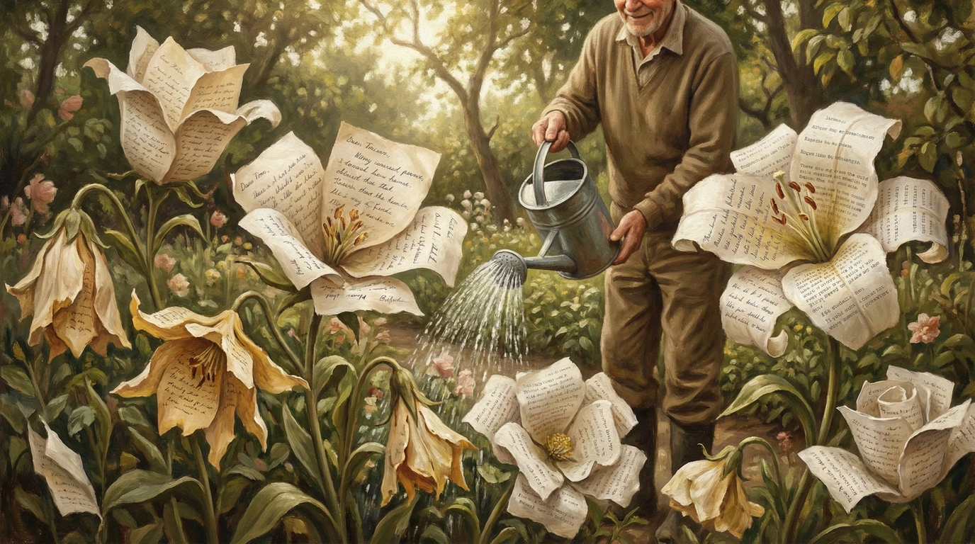 An elderly man waters a garden where large flowers are made from handwritten pages, blending paper, plants, and sunlight in a peaceful outdoor scene.