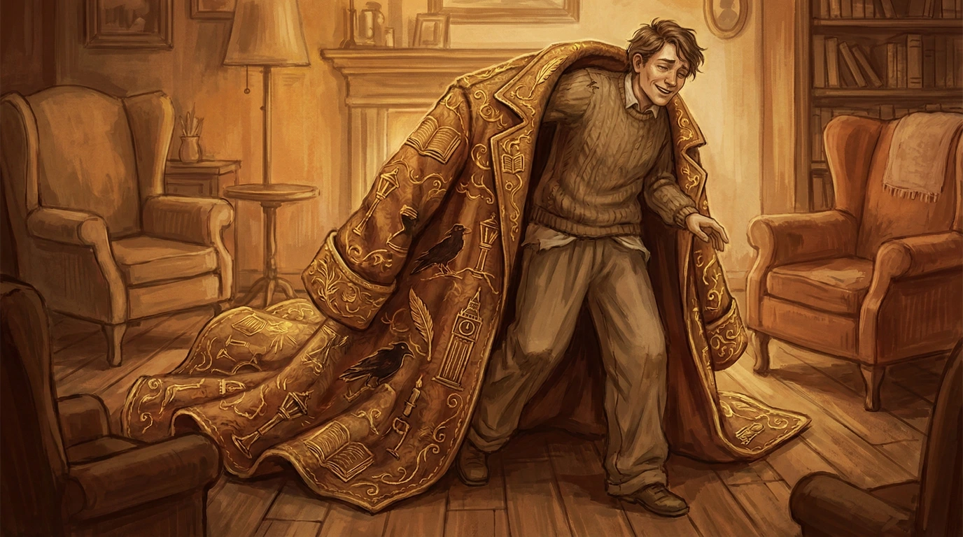 A smiling man stands indoors wearing a long, ornate coat covered in symbols, as if wrapped in stories or knowledge.