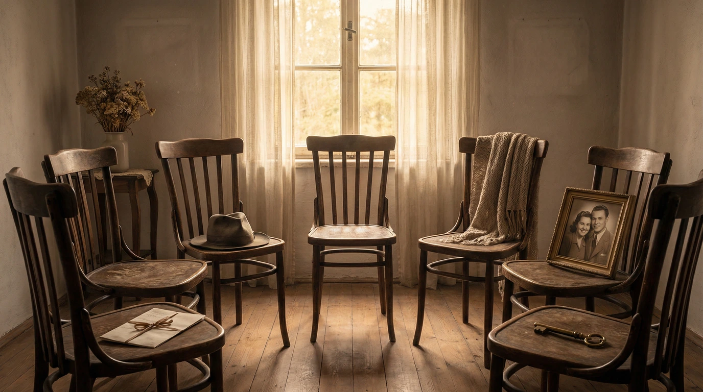 Several empty wooden chairs are arranged in a quiet room, each holding personal items like a hat, a letter, and a framed photograph.