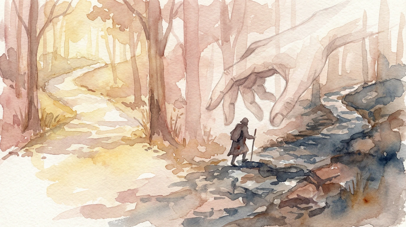 A watercolor-style scene shows a small traveler walking along a forest path while a large, gentle hand reaches down from the sky.