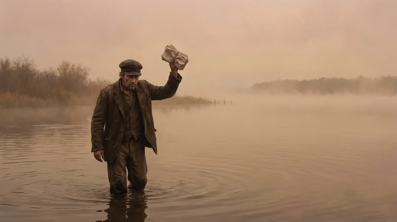 A man wades through shallow water holding a bundle of papers above his head, surrounded by fog and a calm, muted landscape.