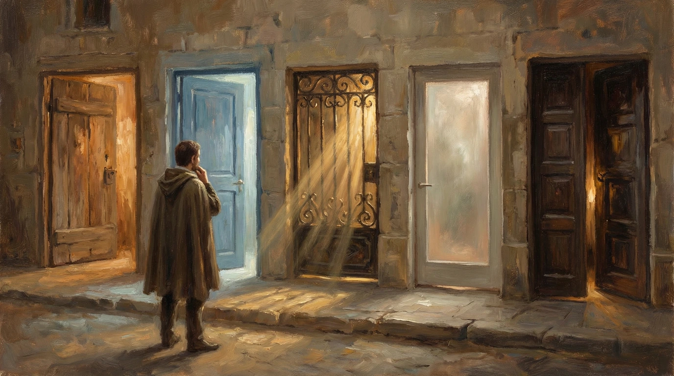 A person stands before several different doors in a stone wall, each door lit differently, suggesting choice or uncertainty.
