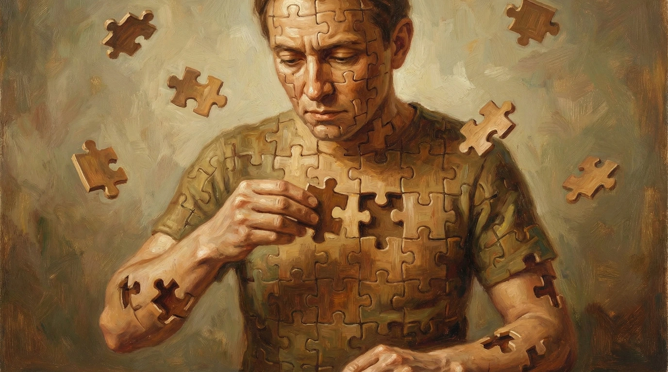 A man made of puzzle pieces carefully places one missing piece into his chest, symbolizing self-understanding or healing.