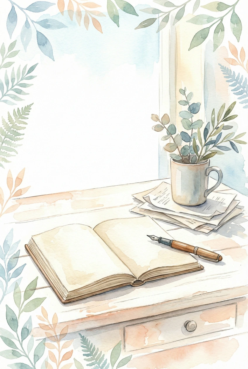 Watercolor illustration of an open notebook and pen on a desk, with soft natural elements in the background.