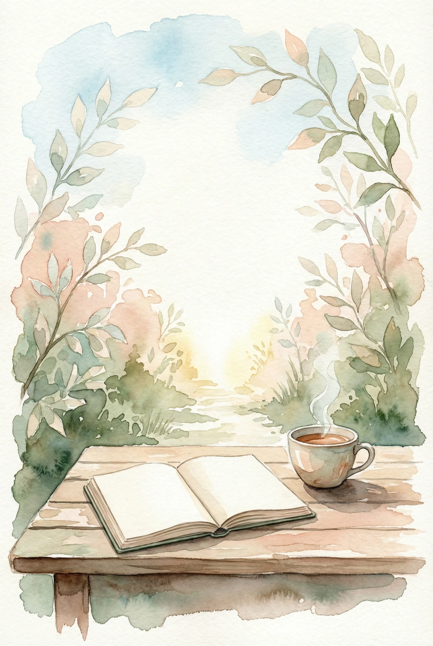 Watercolor illustration of an open notebook and a steaming cup on a wooden table, with soft greenery and a light sky in the background